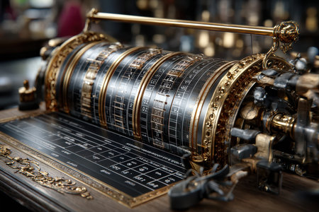 An ornate antique calculating machine showcases craftsmanship in a vintage shop, drawing attention from visitors.の素材