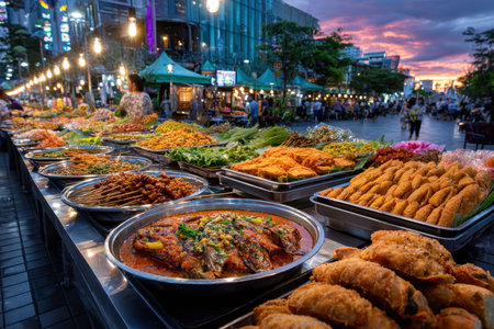 Various prepared foods are displayed at a bustling outdoor night marketの素材