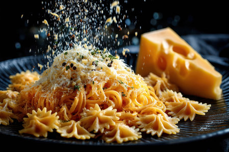 A plate of pasta is topped with grated cheese and herbs, creating an appetizing and flavorful presentation.の素材