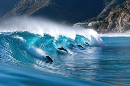 Dolphins ride a perfect turquoise ocean wave near a tropical coastlineの素材