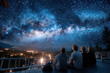 Friends enjoy a serene night as they gaze at the breathtaking Milky Way above a peaceful town.の素材