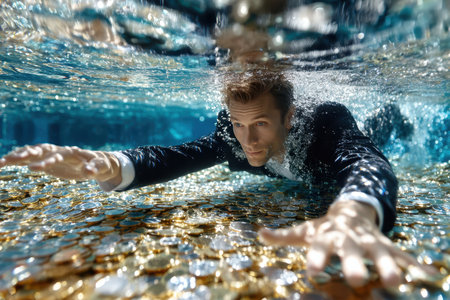 A man wearing a suit gracefully swims beneath the water, reaching out to collect gold coins scattered below.の写真素材