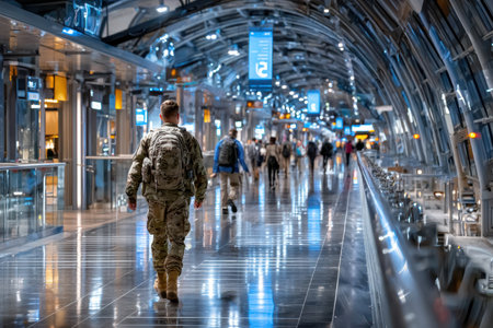 A busy airport terminal, under bright artificial light, shot with a wide-angle lens, featuring a soldier returning home, ultrarealistic photo --ar 3:2 --raw --profile nk3i4wf --stylize 250 --v 7 Job ID: bd2794db-294d-492f-9ef0-3190a580695bの写真素材