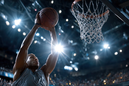 A basketball player dunks the ball during a professional gameの写真素材