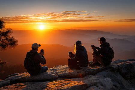 Four friends sit on a rocky ledge, sipping coffee and watching the sunrise over distant mountains.の素材