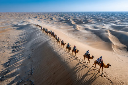 A long line of camels and riders crosses desert dunes under a blue skyの素材