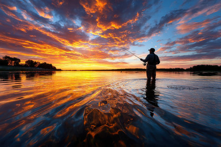 Silhouetted fisherman wades in calm lake during vibrant sunsetの素材