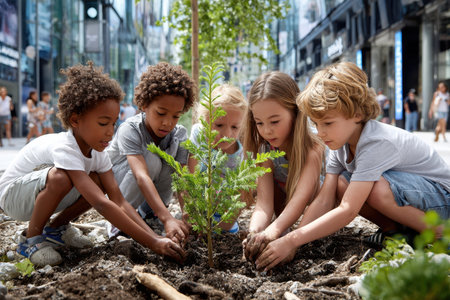 Five children engage in planting a small tree in a busy urban area, enjoying a sunny spring day together.の写真素材