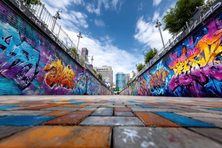A low angle view of a colorful graffiti alley with a brick wallの素材