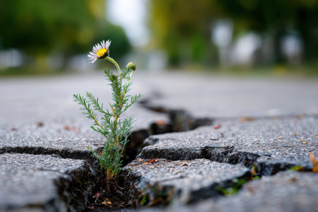 A small white flower emerges from a crack in gray asphalt, showing nature's resilience in a city setting.の素材