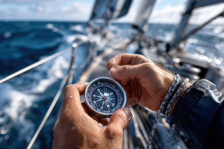 A sailor uses a compass to navigate while sailing on clear blue waters under a partly cloudy sky.の素材