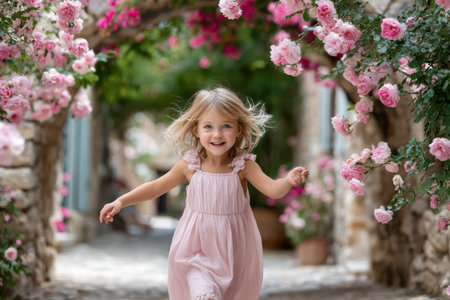 A girl in a pink dress smiles brightly while running through a vibrant rose garden filled with blooming flowers.の素材
