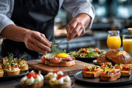 Culinary expert garnishes a beautifully arranged brunch plate in a contemporary kitchen setting.の素材