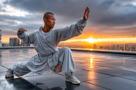 Martial artist performs a dynamic pose on a rooftop during sunset, overlooking a sprawling city skyline.の素材