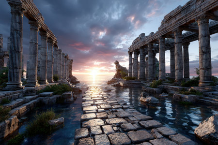 Flooded ruins of a classical temple at sunset by the seaの素材