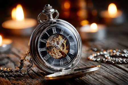 An antique pocket watch on a rustic wooden table, under soft candlelight, shot with a macro lens, hinting at the passage of timeの素材