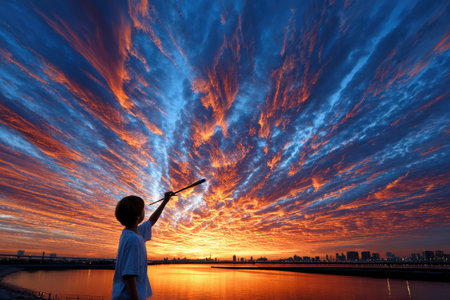 A child stands by the river, painting the colorful sunset sky with a brush, capturing its beauty.の素材