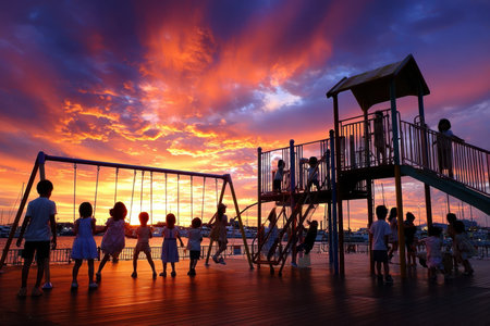 Silhouetted children playing on a playground by the water at sunsetの写真素材