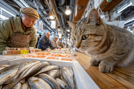 A vibrant shot of a bustling fish market in Japan, reflecting culture and commerce, under natural morning light, using a fisheye lens on a mirrorless camera, where a cat is seen bartering with a fishmonger, ultrarealistic photo --ar 3:2 --raw --profile nk3i4wf --stylize 250 --v 7 Job ID: f9678e49-2b85-43db-aa01-20b99fc9ab5cの写真素材