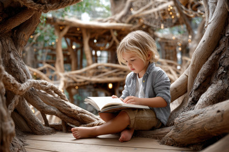 A young child sits barefoot on wooden planks, immersed in reading a book within a treehouse, surrounded by branches.の写真素材