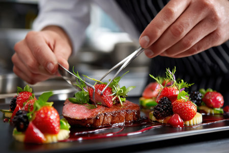 A chef uses tweezers to garnish a steak dish with strawberries and herbsの写真素材