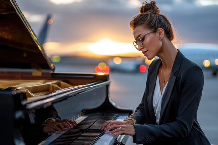 A skilled musician plays the piano outdoors at sunset, creating a melodic atmosphere near an airport.の写真素材