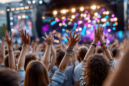 A group of people dancing at a music festival at sunset, under bright, colorful stage lights, shot with a DSLR camera, the people are moving in perfect synchronization, ultrarealistic photo --ar 3:2 --raw --profile nk3i4wf --stylize 250 --v 7 Job ID: 039c564a-9114-4155-932b-b3c0ebe320fbの写真素材