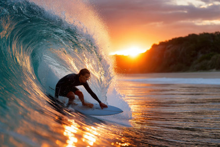A surfer rides a wave at sunset, creating a dynamic and colorful sceneの写真素材