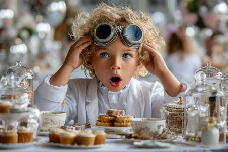 A curly-haired child in goggles looks amazed by a variety of colorful desserts at a celebration.の素材