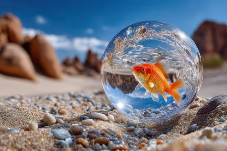 A vibrant goldfish is seen swimming inside a clear bubble on sandy terrain with rocky formations in the background.の素材