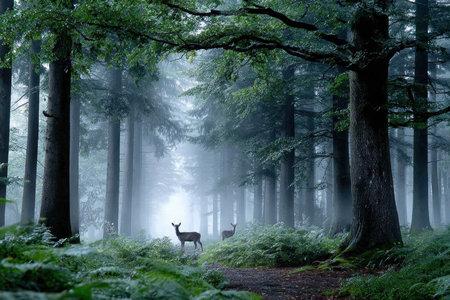 Two deer standing in a misty forest at dawnの素材