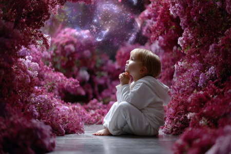 A young child sits on a stone surface among vibrant pink flowers, looking up in fascination at a starry cosmos.の素材