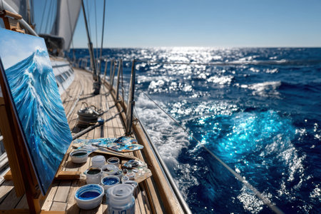 A painter is creating a vivid ocean scene on a sailboat under bright sunlight, surrounded by sparkling water.の素材