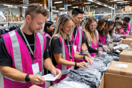 Groups of volunteers in bright vests organize clothing donations in a spacious warehouse during an event.の素材
