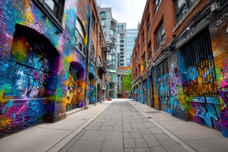 A narrow alleyway between brick buildings covered in colorful graffiti artの素材