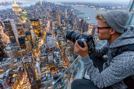 A man is capturing images of a bustling cityscape during twilight, highlighting the urban lights.の素材