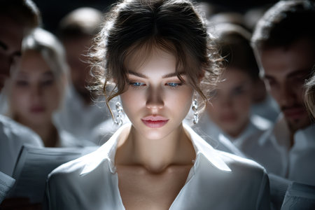 A young woman stands out from a crowd, wearing an elegant outfit and showing her beauty at a fashion event.の素材