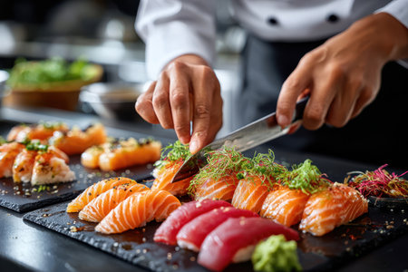 A close-up of a chef's hands preparing sushi, showing culinary artistry, in bright, overhead lighting, using a macro lens, with a sudden knife flip.の素材