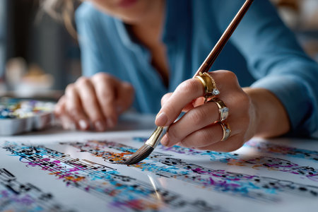 A person focuses on painting a vibrant music sheet with a brush, surrounded by art supplies.の素材