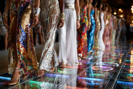 Stylish models walk confidently on a colorful runway, displaying an array of eye-catching designer outfits.の素材