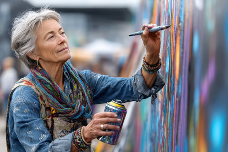 An elderly woman engages in creating a bright mural, showcasing her artistic talent during a lively outdoor art event.の素材