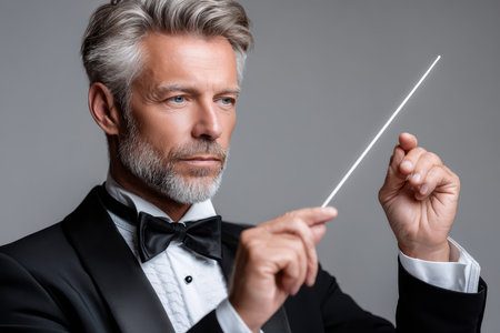 A conductor directs an orchestra with focus and passion, dressed in formal attire for a musical performance.の素材