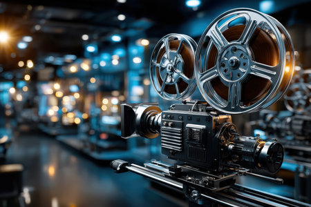 Visitors admire vintage film projectors in a cinematic museum showcasing the history of filmmaking.の素材