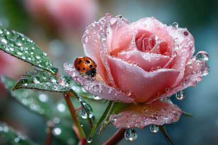 A macro shot of a dew-kissed rose, illuminated by soft morning light, with a ladybug unexpectedly in the frameの素材