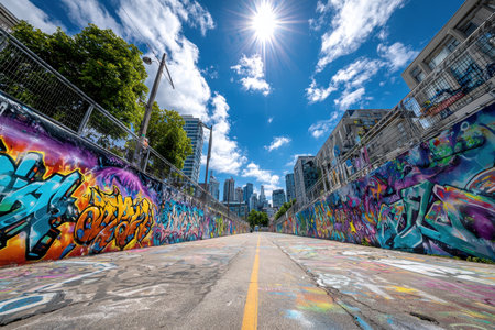A vibrant graffiti wall in an urban setting, shot with a fisheye lens, under harsh sunlight, capturing the raw energy and creativity of street artの素材