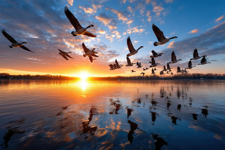 A peaceful sunrise over a tranquil lake, captured in a wide-angle lens, with a flock of birds suddenly taking flightの素材