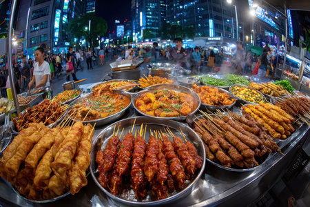 A vibrant street food stall displays various skewers and dishes at a bustling night marketの素材