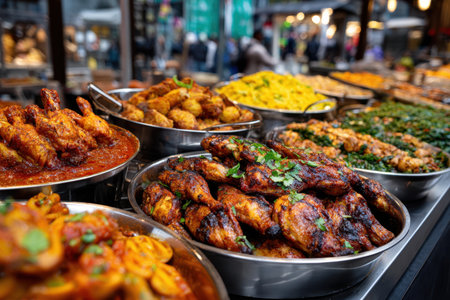 A vibrant street food stall at a local market, under natural daylight, shot with a wide-angle lens, celebrating the diversity of global cuisineの素材