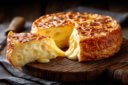 A wheel of baked cheese with a slice cut out, placed on a wooden boardの素材