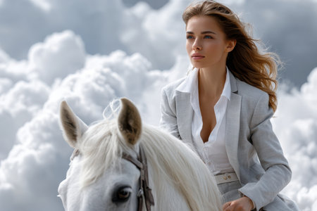 A woman dressed in a tailored suit elegantly rides a white horse in a dreamy cloud-filled sky.の素材